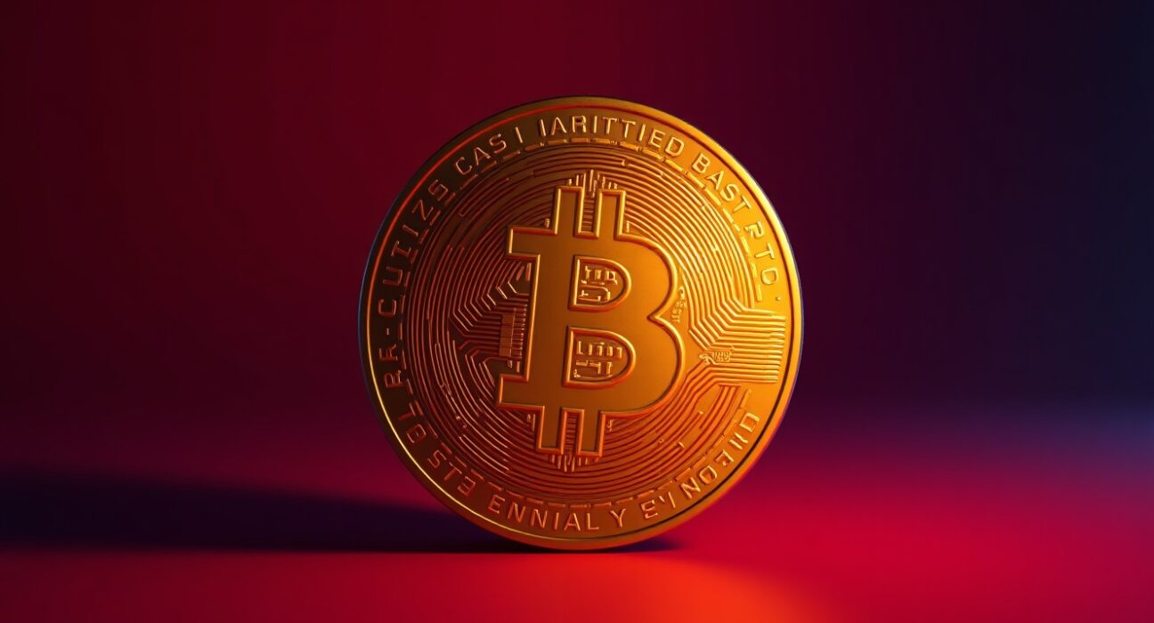 Bitcoin coin on dark background with red and blue tones, representing price decline