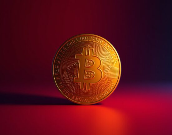 Bitcoin coin on dark background with red and blue tones, representing price decline