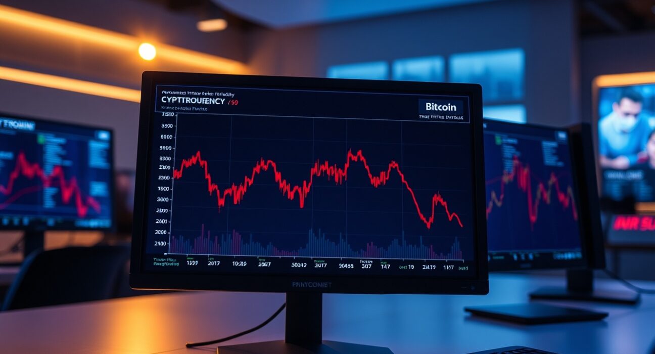 Bitcoin price chart showing a decline below $64,000 on a trading monitor in a professional setting