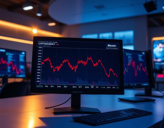 Bitcoin price chart showing a decline below $64,000 on a trading monitor in a professional setting