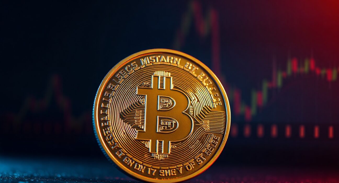 Bitcoin coin symbol with dark, moody lighting and red tones representing a market price drop.