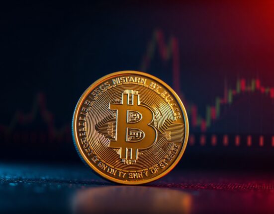 Bitcoin coin symbol with dark, moody lighting and red tones representing a market price drop.