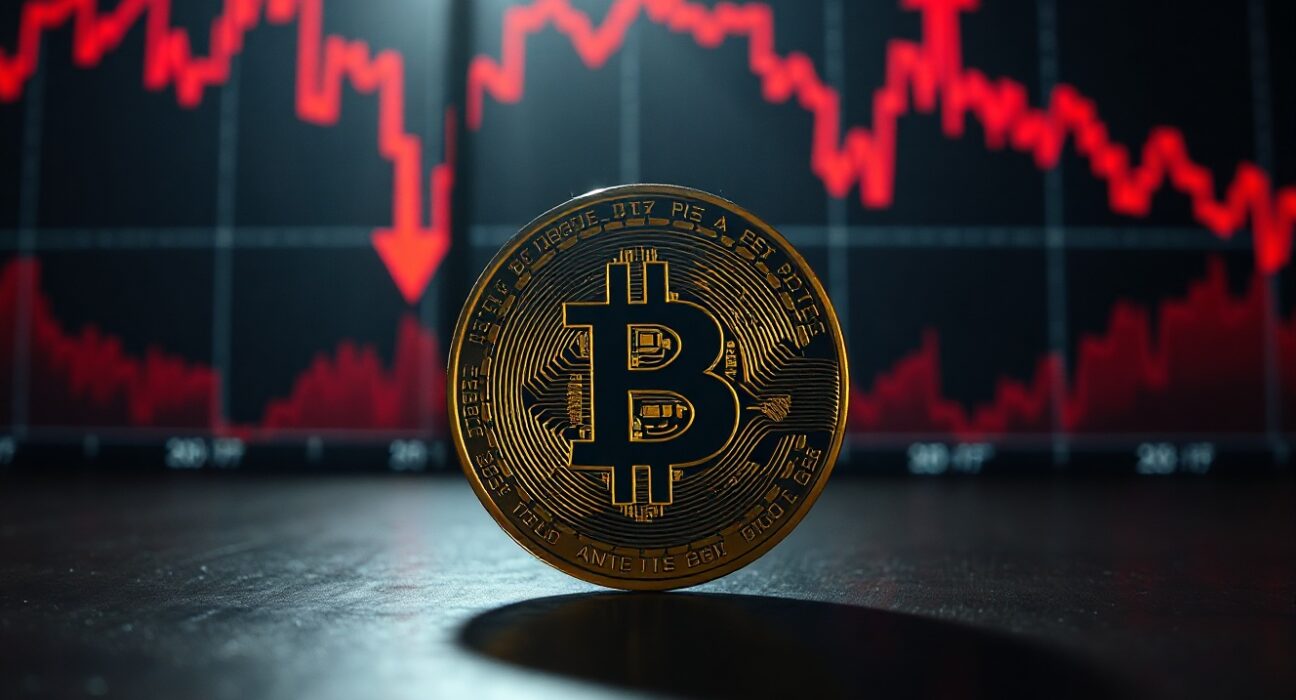 Bitcoin coin on table with blurred stock market display showing red downward trends