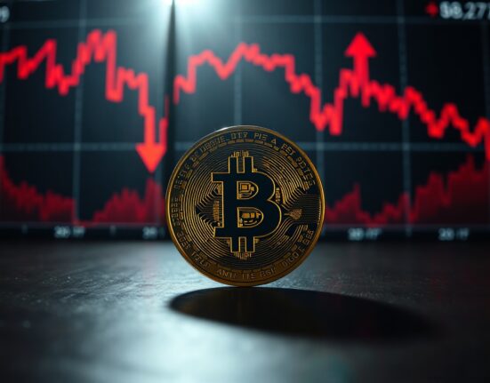 Bitcoin coin on table with blurred stock market display showing red downward trends