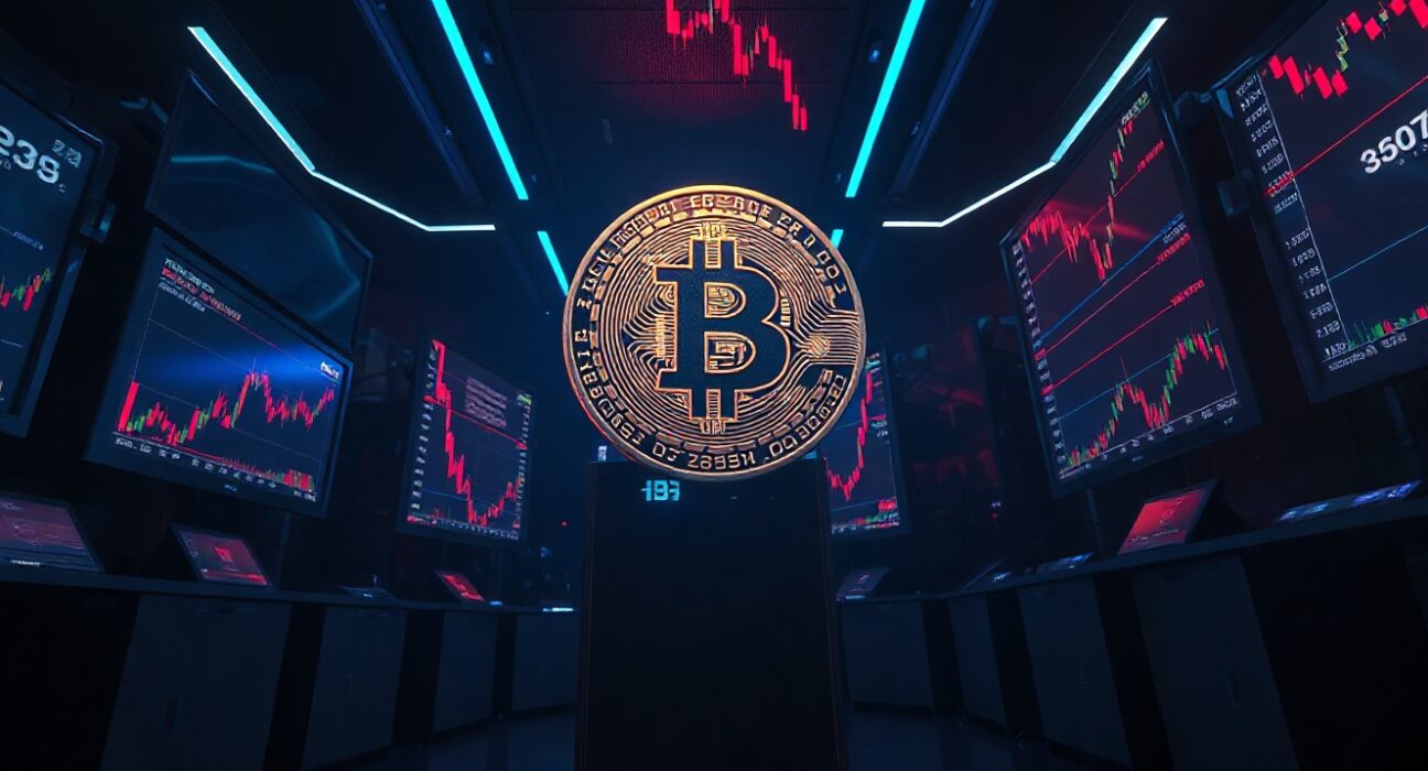 Bitcoin coin in a dark trading room with red price charts showing a decline.