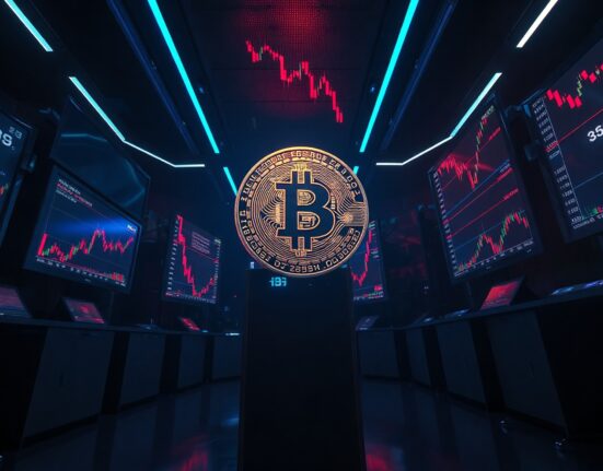 Bitcoin coin in a dark trading room with red price charts showing a decline.