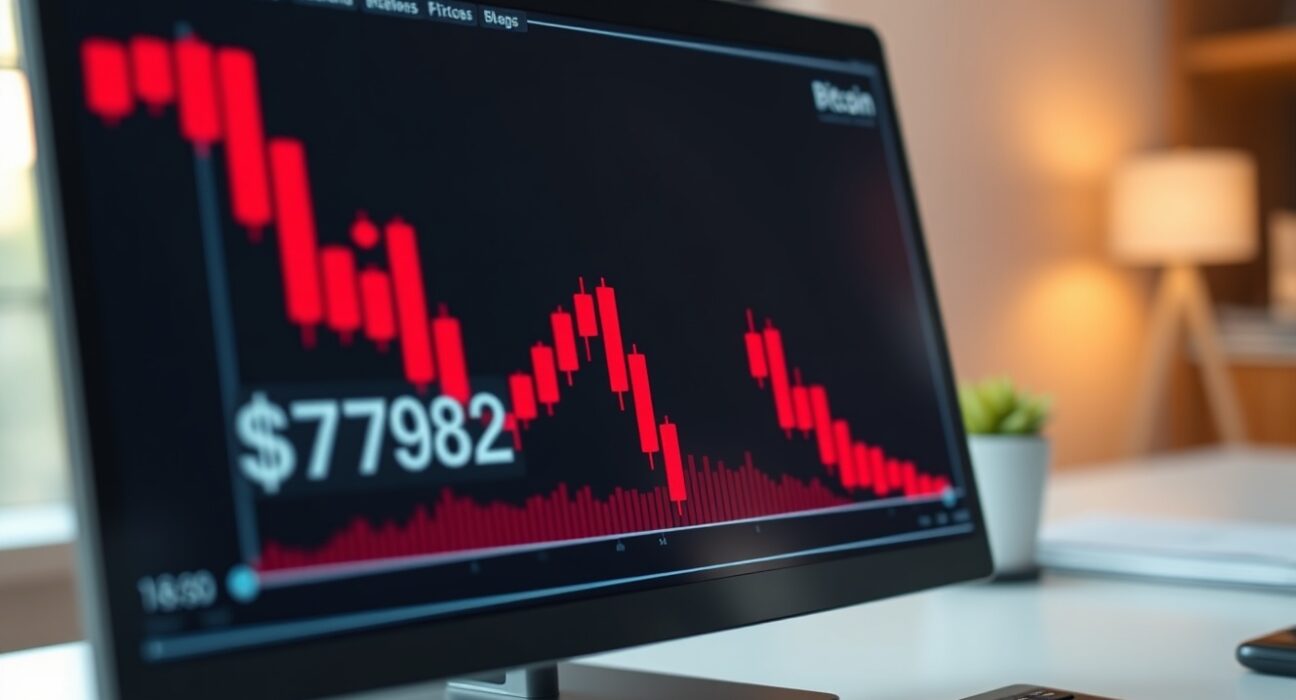 Bitcoin price chart showing a decline below $73,000 on a trading screen.