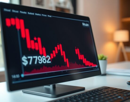 Bitcoin price chart showing a decline below $73,000 on a trading screen.