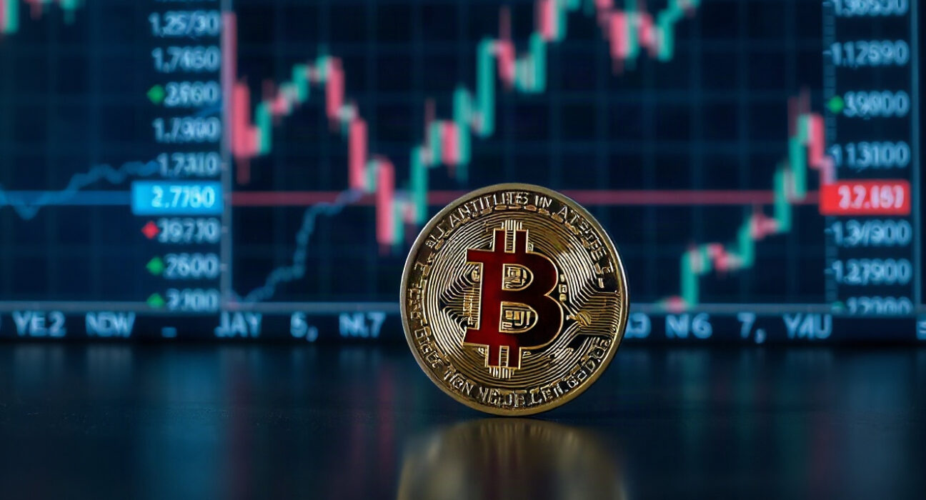 Bitcoin coin on reflective surface with blurred financial charts in background