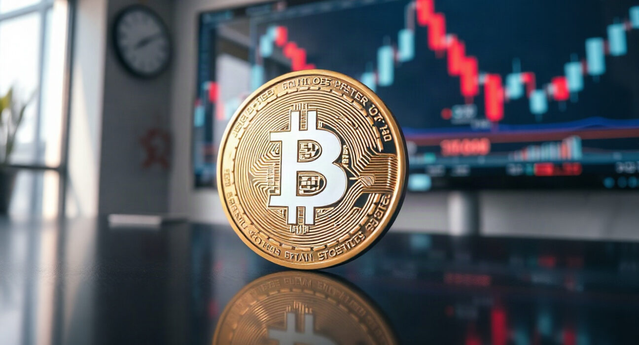 Bitcoin coin in front of a blurred stock chart, symbolizing price volatility