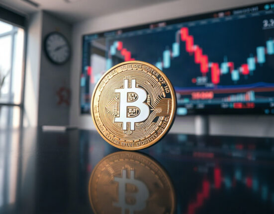 Bitcoin coin in front of a blurred stock chart, symbolizing price volatility