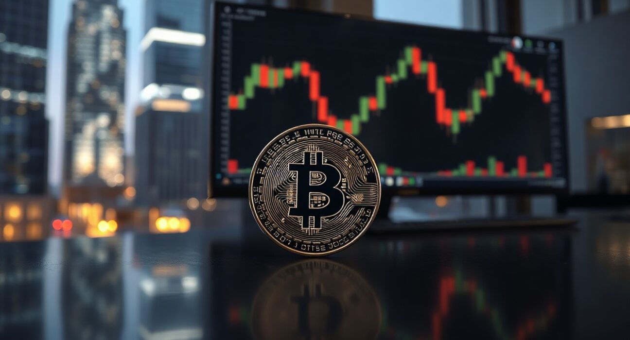 Bitcoin coin on reflective surface with blurred market charts in background, representing market volatility and security concerns.