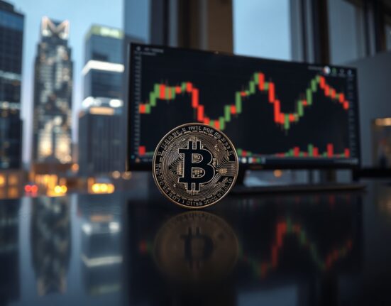 Bitcoin coin on reflective surface with blurred market charts in background, representing market volatility and security concerns.