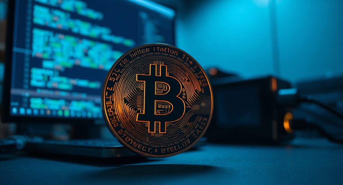 Bitcoin coin in foreground with blurred hardware wallet and code on screen in background