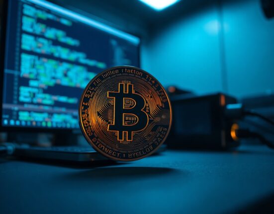 Bitcoin coin in foreground with blurred hardware wallet and code on screen in background