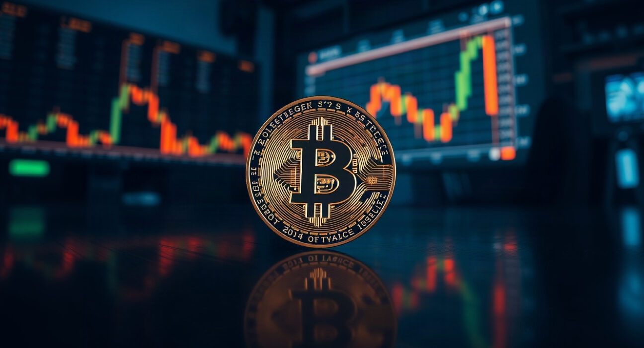 Bitcoin coin in focus with a blurred trading chart in the background, representing market analysis.