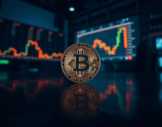 Bitcoin coin in focus with a blurred trading chart in the background, representing market analysis.