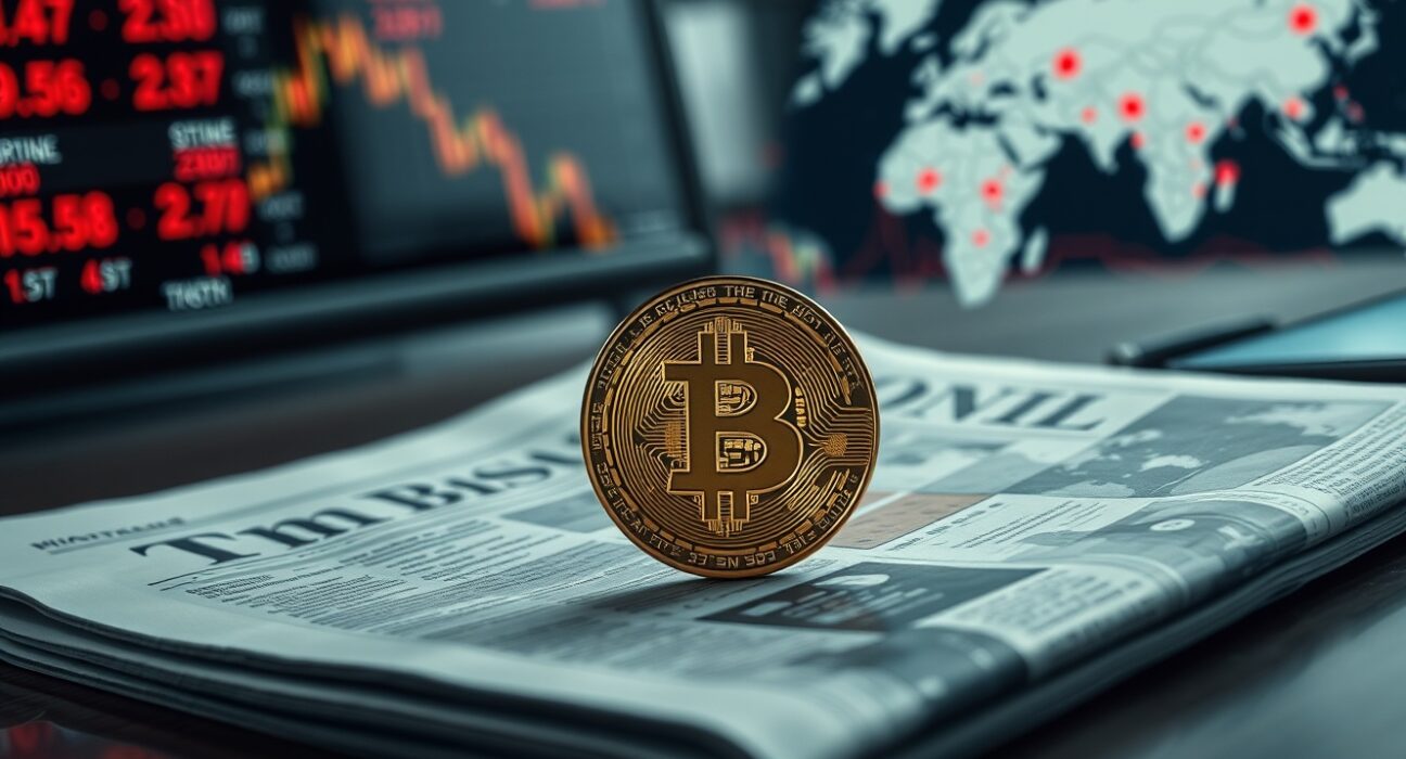 Bitcoin coin on financial newspaper with stock ticker and map in background