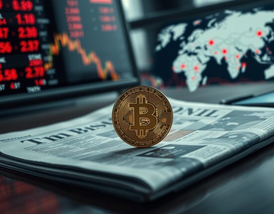Bitcoin coin on financial newspaper with stock ticker and map in background