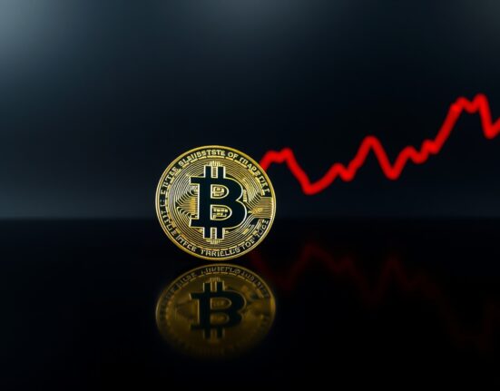 Bitcoin coin on reflective surface with downward-trending graph background indicating market distribution phase