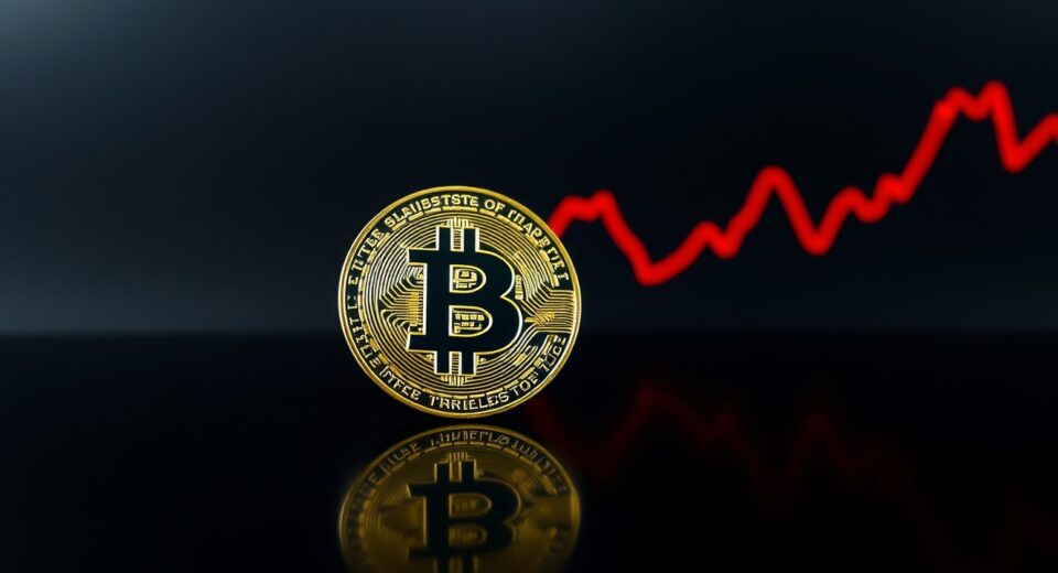 Bitcoin coin on reflective surface with downward-trending graph background indicating market distribution phase