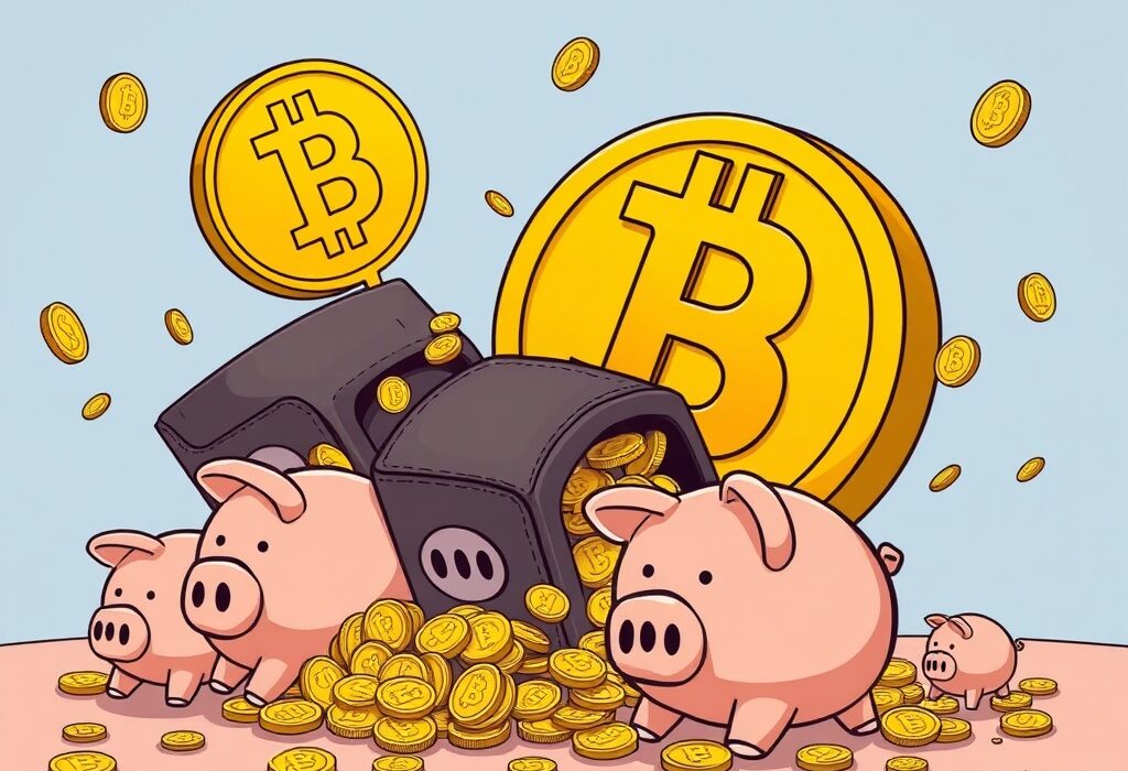 A cartoon illustration showing diverse Bitcoin holders engaging in Bitcoin distribution, indicating widespread profit-taking after reaching new highs.