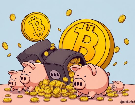 A cartoon illustration showing diverse Bitcoin holders engaging in Bitcoin distribution, indicating widespread profit-taking after reaching new highs.