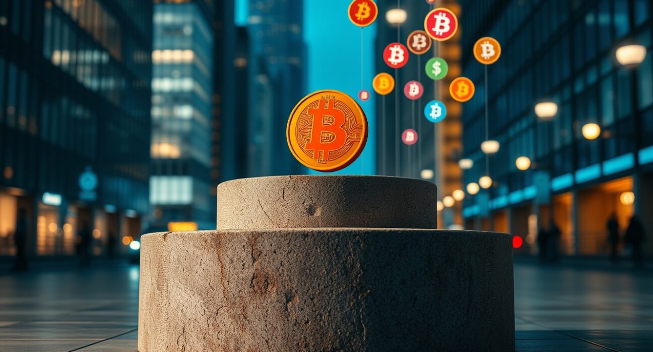 Bitcoin symbol on a pedestal with smaller glowing altcoin spheres rising around it in a city at dusk.