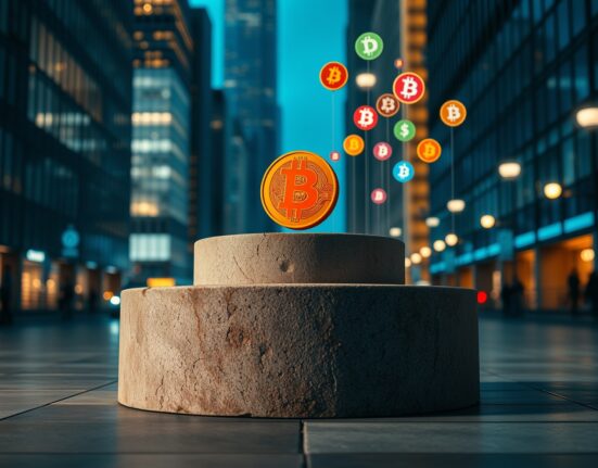 Bitcoin symbol on a pedestal with smaller glowing altcoin spheres rising around it in a city at dusk.