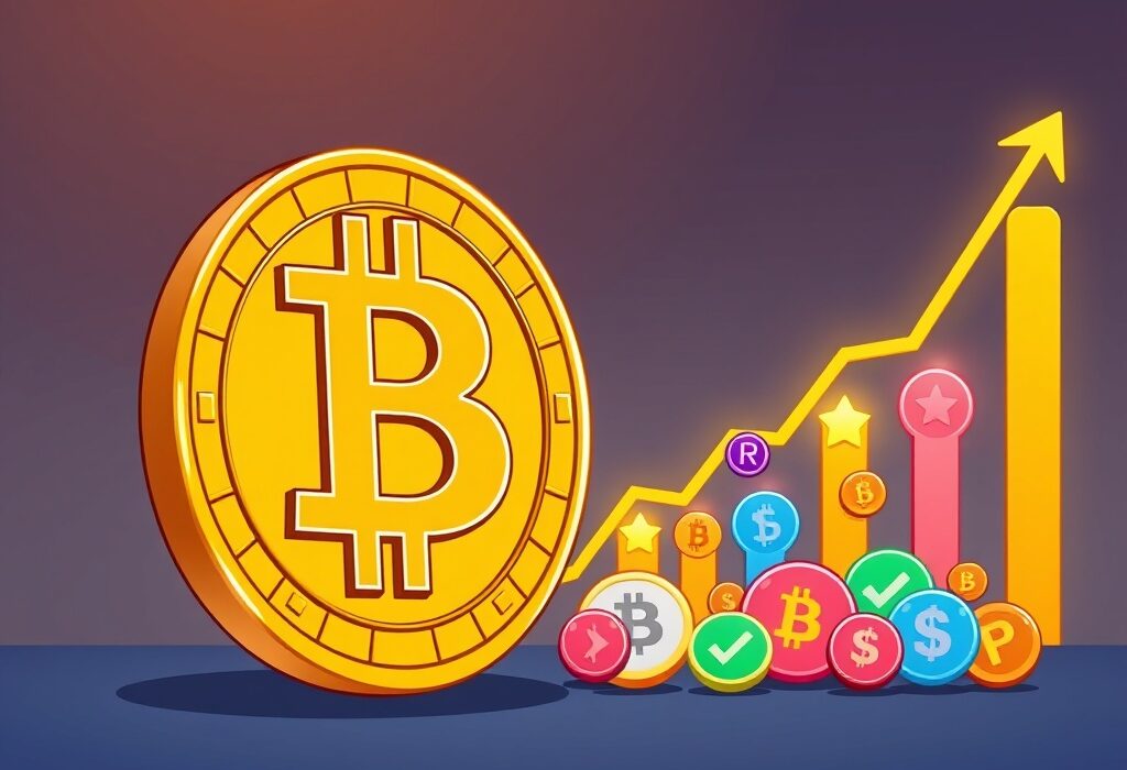 A cartoon illustration showing Bitcoin dominance decreasing as altcoins begin to rise, symbolizing the start of an altcoin season.