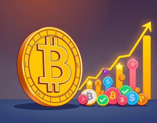 A cartoon illustration showing Bitcoin dominance decreasing as altcoins begin to rise, symbolizing the start of an altcoin season.