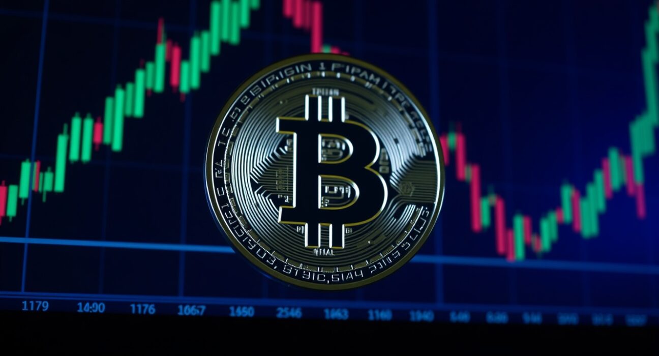 Bitcoin coin on dark trading screen with candlestick charts