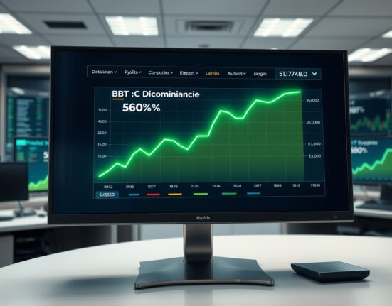 Bitcoin dominance graph crossing 60% threshold on a financial dashboard, representing major crypto market shift.