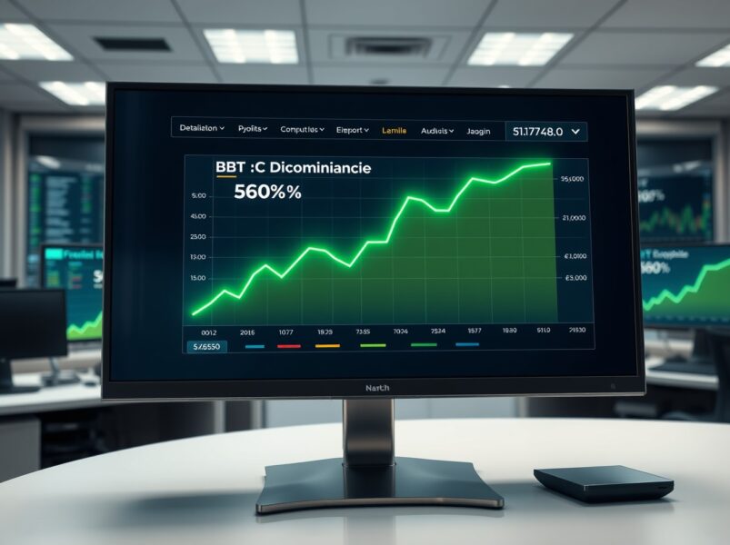 Bitcoin dominance graph crossing 60% threshold on a financial dashboard, representing major crypto market shift.