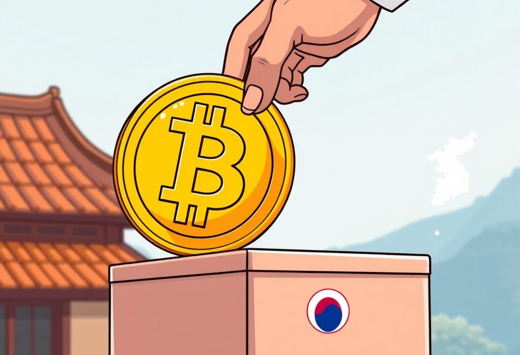 A cartoon illustration showing a significant Bitcoin donation being made, symbolizing the growth of crypto charity in South Korea.