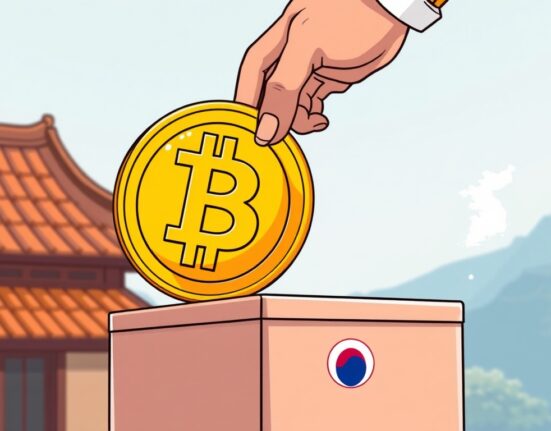 A cartoon illustration showing a significant Bitcoin donation being made, symbolizing the growth of crypto charity in South Korea.