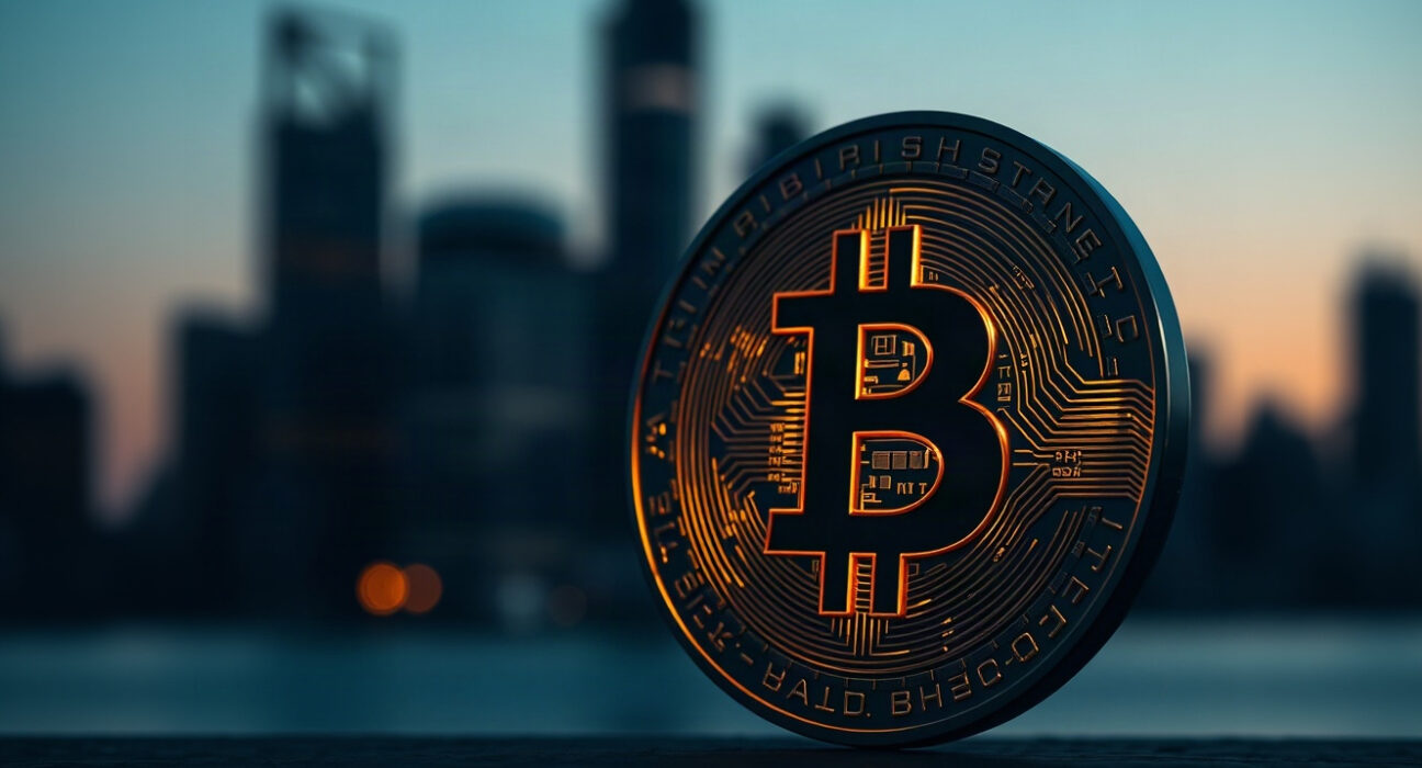 Bitcoin coin with city skyline background symbolizing dormant wallet activity