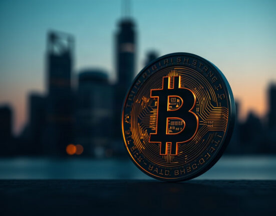 Bitcoin coin with city skyline background symbolizing dormant wallet activity
