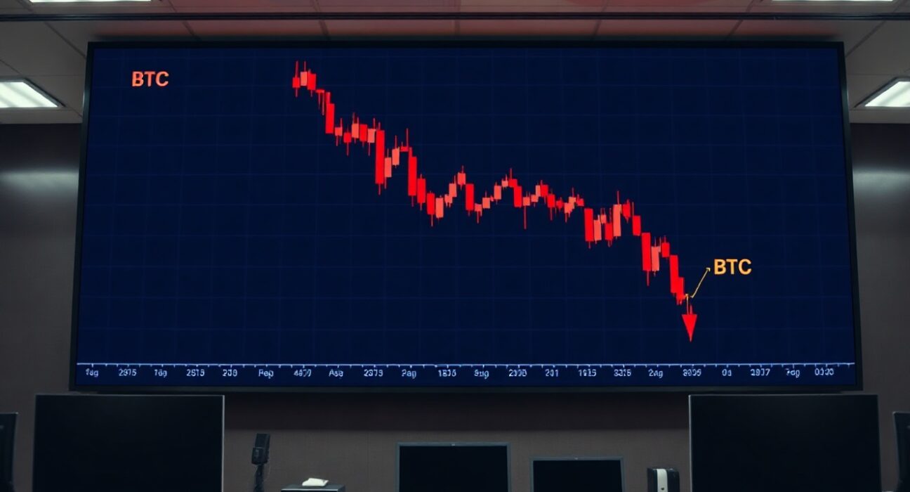 Downward Bitcoin price chart on a digital display in a financial trading office.