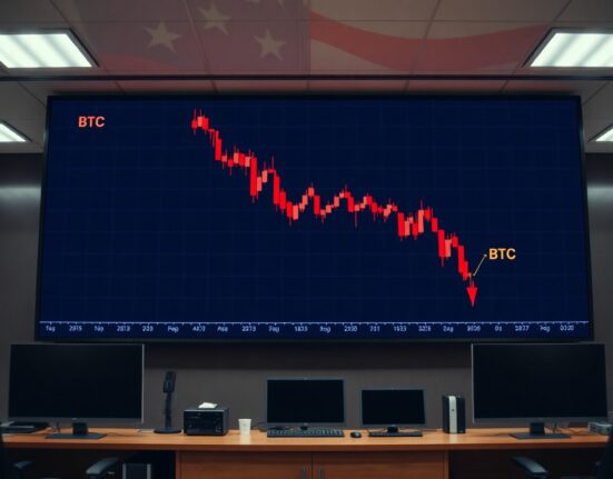 Downward Bitcoin price chart on a digital display in a financial trading office.