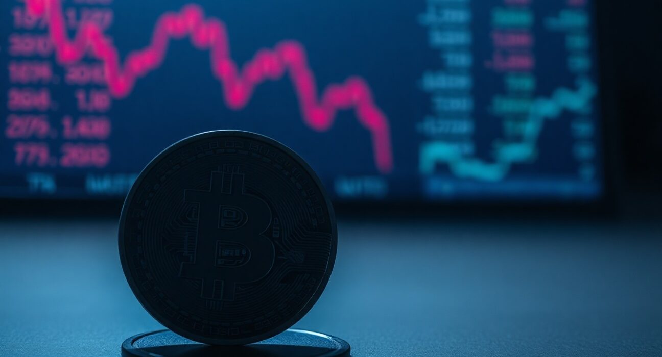 Bitcoin coin in focus with bearish market chart background indicating potential price drop below $60,000
