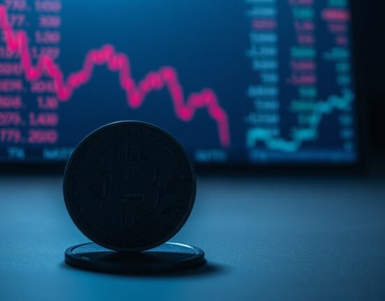 Bitcoin coin in focus with bearish market chart background indicating potential price drop below $60,000