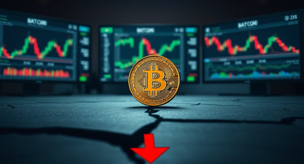 Bitcoin coin on dark surface with downward shadow representing downside risk