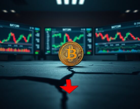 Bitcoin coin on dark surface with downward shadow representing downside risk