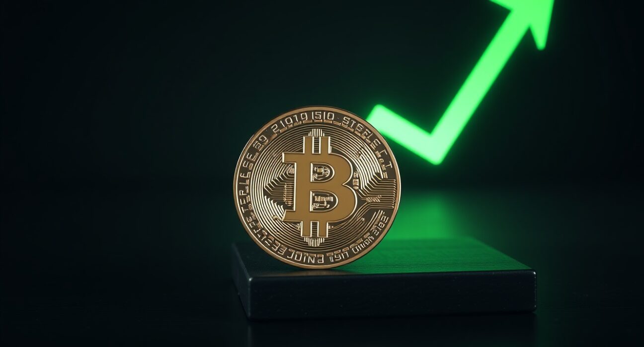 Bitcoin coin on wooden surface with subtle green chart projection indicating market stability