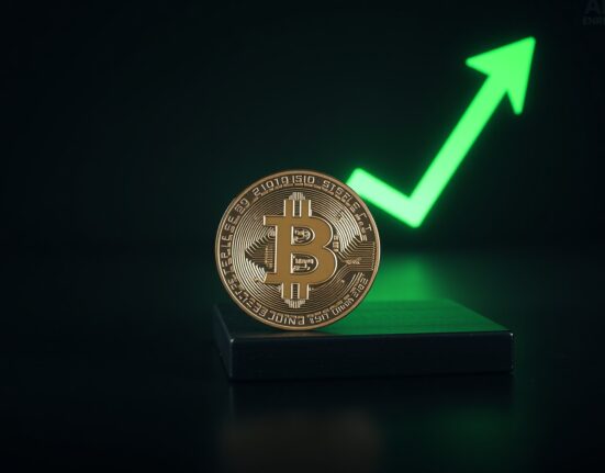 Bitcoin coin on wooden surface with subtle green chart projection indicating market stability