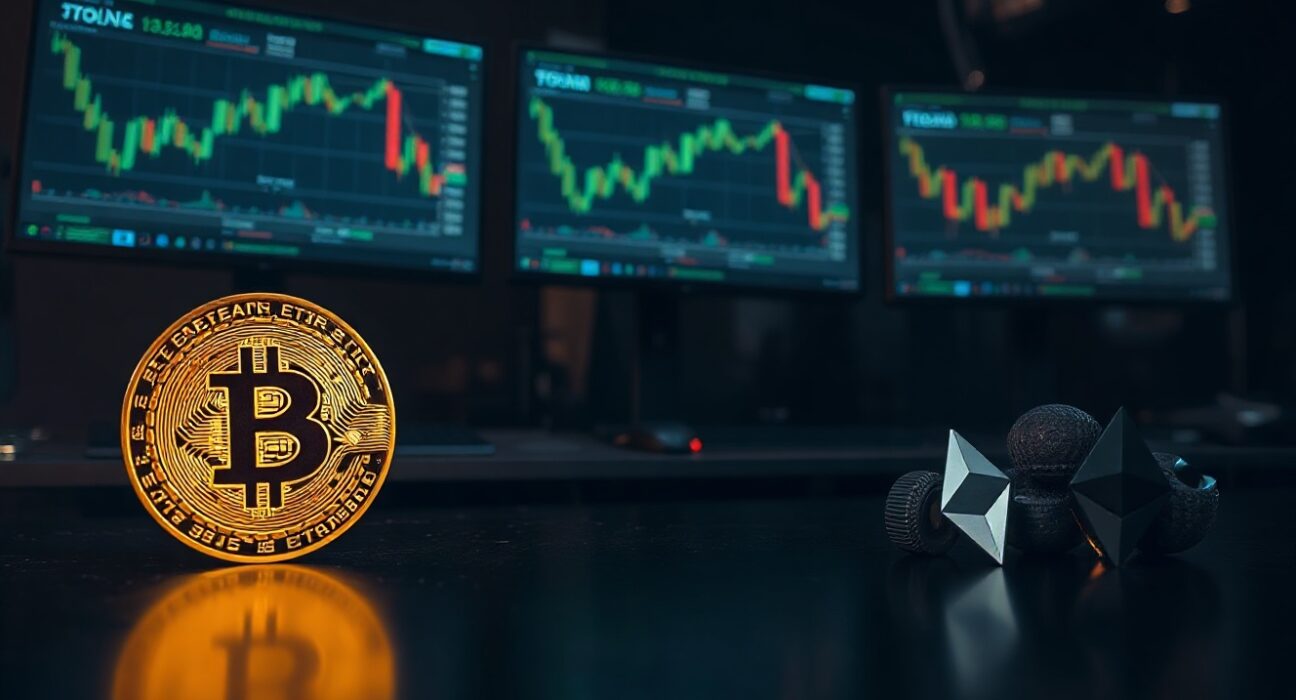 Bitcoin coin on trading desk with fading altcoin logos in background representing market shift