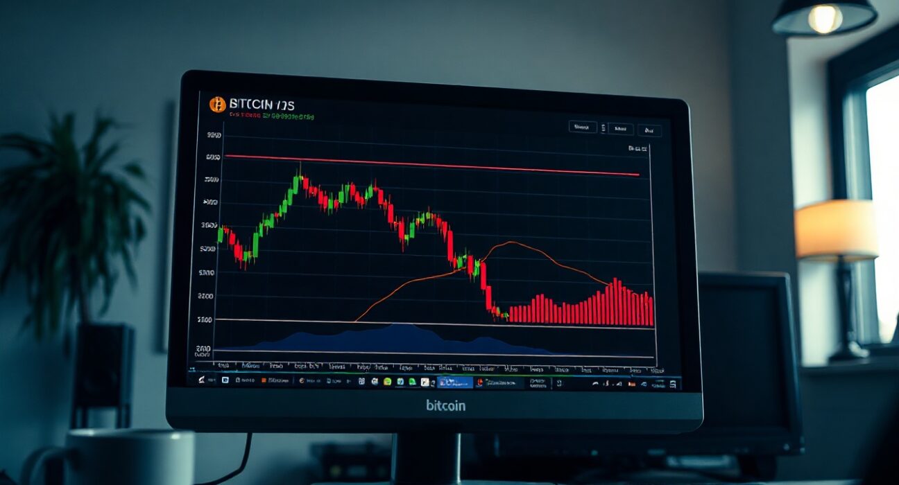 Bitcoin price chart on a monitor showing a decline, indicating a potential market bottom