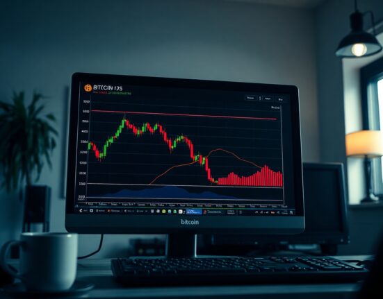 Bitcoin price chart on a monitor showing a decline, indicating a potential market bottom