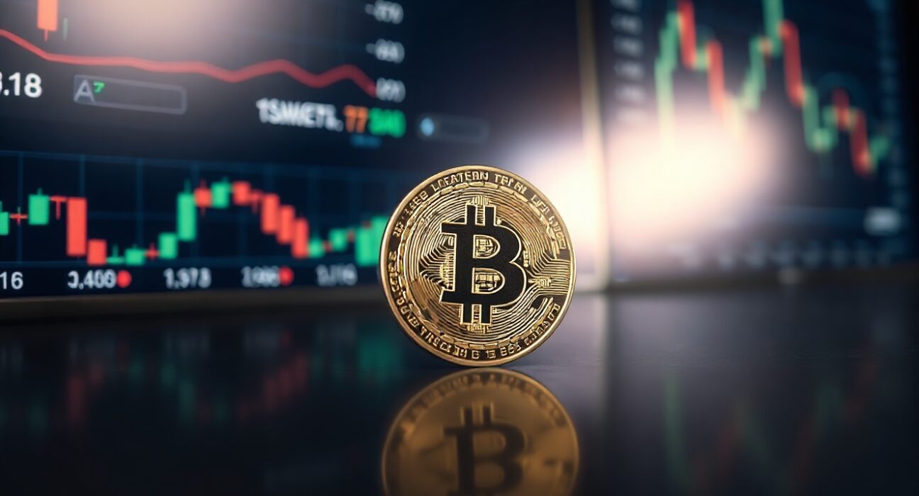 Bitcoin coin on reflective surface with financial charts in background, representing market analysis and price prediction.